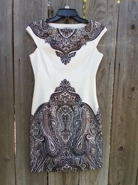 London Style Collection Paisley Sheath Dress 6P Ivory Black Print Sleeveless Zip